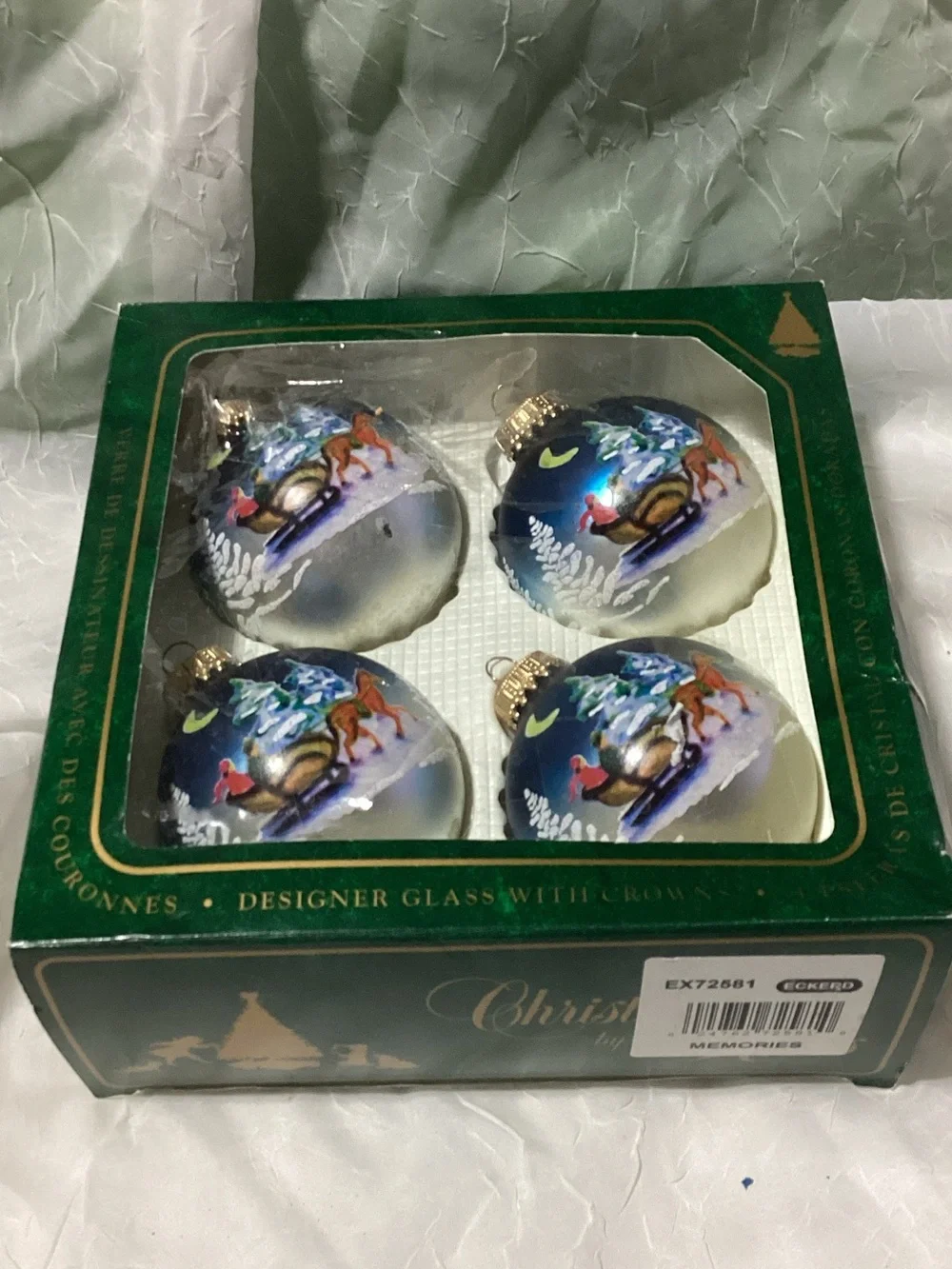 Christmas By Krebs Glass Sleigh Ride Holiday Tree Ornaments in Box x3 USA